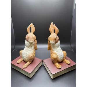 Charming Bunny Rabbit Bookends Set Sitting on Books Rustic Home Decor